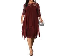 shownicer Femmes Robe en Dentelle De Soie À Manches 3/4 Grande Taille Robes Lâche Elégante Au Genou Robe de Soirée Cérémonie Cocktail Mariage B Rouge XXL