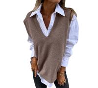 Shownicer Gilet en Tricot Femme - Col en V, Sans Manches, Débardeur Décontracté, Motif Géométrique, Couleur Unie Kaki - Taille XL