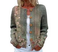 shownicer Gilet Femme Cardigan à Manches Longues Gilets avec Boutons Décontracté Cardigan Imprimé Fleurs Automne Hiver Manteau A Armée Verte L