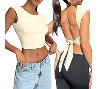shownicer Haut Dos Nu Femme sans Manches T-Shirt d'été Haut Dos Nu Y2k Crop Top Sexy Backless Shirt Ajusté Slim Fit Haut Chic Décontractée Col Rond Couleur Unie A Beige XS