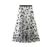 shownicer Jupe en Tulle Longue Femme Plissée Élégant Jupe en Mousseline Haute Taille Élastique Imprimé Midi Jupe A-Ligne Décontractée A Blanc XS