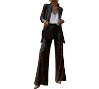shownicer Paillette Ensemble de 2 Pièces élégant pour Femme avec Paillettes Col à Revers Coupe Ajustée pour Femme Glitter Party Brillant Manteau Ensemble A Noir L
