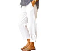 shownicer Pantalon Femme en Lin été Léger 7/8 Pantalons Taille Elastique Chic et Elegant Pants A Blanc 3XL