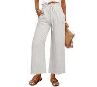 shownicer Pantalon Fluide Femme Ete en Lin Casual Ample Léger Pantalon avec Poches Pantalon Large Chic et Elegant Solide Couleur Palazzo Pants A Blanc M