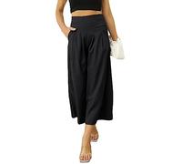 shownicer Pantalon Lin Femme Pantalon Fluide été Grande Taille Sarouel Causal Pantalon Palazzo Ample Large Pantacourt 7/8 Taille Élastique avec Poches A Noir XL