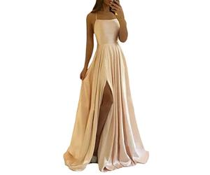 shownicer Robe de Soirée en Satin Femme Col V de Graduation à Bretelles Sexy de Bal Fendue Anniversaire Robes à Bretelles dans Le Dos Maxi Dress A Champagne XXL