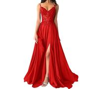shownicer Robe De Soiree Femme Chic et Elegant Robe Mariage Invitée Bal Robes Dentelles Florales en Mousseline De Soie Bretelles Fente A Rouge 42
