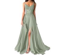 shownicer Robe De Soiree Femme Chic et Elegant Robe Mariage Invitée Bal Robes Dentelles Florales en Mousseline De Soie Bretelles Fente A Vert4 50