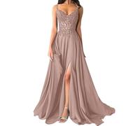 shownicer Robe De Soiree Femme Chic et Elegant Robe Mariage Invitée Bal Robes Dentelles Florales en Mousseline De Soie Bretelles Fente A Rose 52