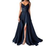 shownicer Robe De Soiree Femme Chic et Elegant Robe Mariage Invitée Bal Robes Dentelles Florales en Mousseline De Soie Bretelles Fente A Bleu Foncé 32