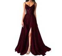 shownicer Robe De Soiree Femme Chic et Elegant Robe Mariage Invitée Bal Robes Dentelles Florales en Mousseline De Soie Bretelles Fente A Rouge Foncé 48