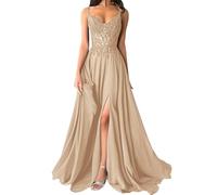 shownicer Robe De Soiree Femme Chic et Elegant Robe Mariage Invitée Bal Robes Dentelles Florales en Mousseline De Soie Bretelles Fente A Kaki 40