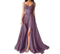 shownicer Robe De Soiree Femme Chic et Elegant Robe Mariage Invitée Bal Robes Dentelles Florales en Mousseline De Soie Bretelles Fente A Violet 42