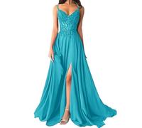 shownicer Robe De Soiree Femme Chic et Elegant Robe Mariage Invitée Bal Robes Dentelles Florales en Mousseline De Soie Bretelles Fente A Bleu 52