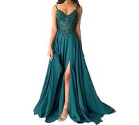 shownicer Robe De Soiree Femme Chic et Elegant Robe Mariage Invitée Bal Robes Dentelles Florales en Mousseline De Soie Bretelles Fente A Vert1 54