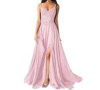 shownicer Robe De Soiree Femme Chic et Elegant Robe Mariage Invitée Bal Robes Dentelles Florales en Mousseline De Soie Bretelles Fente A Rose Clair 38