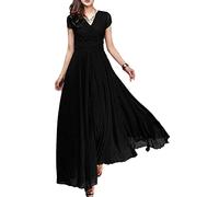 shownicer Robe de Soirée Femme Robe de Bal Col en V Manches Courtes Taille Empire A-Line Mousseline de Soie Robe de Demoiselle Maxi Robe A Noir 3XL