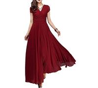 shownicer Robe de Soirée Femme Robe de Bal Col en V Manches Courtes Taille Empire A-Line Mousseline de Soie Robe de Demoiselle Maxi Robe A Rouge XXL