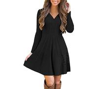 shownicer Robe Décontractée Femme Hiver Robe Pull Taille Haute Col V Élégante Ourlet Évasé Robe Trapèze Robe en Tricot Ajustée Chaude au Genou A Noir XXL