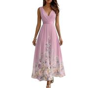shownicer Robe Femme Chic Et Elegant Col en V sans Manche Robe Longue Imprimé Fleurs Robes De Ceremonie Printemps Été A Rose S