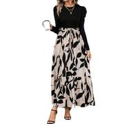shownicer Robe Femme Elegant Manches Longues Robe A-Line à Col Rond Vintage Casual Robe Taille Haute Décontractée Robes Longue pour Automne et Hiver A Abricot M