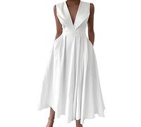 shownicer Robe Femme sans Manche Col V Cocktail Robe Taille Haute Maxi Robes de Soirée Sexy Chic Elegant A-Line Robes Casual Imprimé Fleurs Robe de Bal D Blanc M