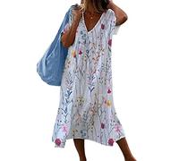 Shownicer Robe Mi-Longue en Coton et Lin pour Femme Été - Ample, Imprimé Floral, Manche Courte, Décontractée, Plage - Rose L