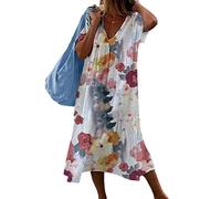 Shownicer Robe Mi-Longue en Coton et Lin pour Femme Été - Lâche Imprimé Floral, Manche Courte, Décontractée, Ample, Baggy - Robe de Plage Rouge 3XL