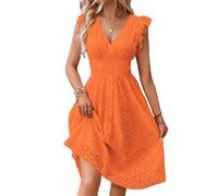 shownicer Robes en Dentelle Femme D'été sans Manches et Volants Robe Décontractée Couleur Unie Col en V Mini Robe de Plage Vacances A Orange L