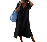 shownicer Robes Mi Longues en Coton et Lin pour Femme Ete Lâche Imprimé Florales Robe Décontractée Manche Courte Robes Baggy Ample Mi-Longue Robes Plage B Noir L