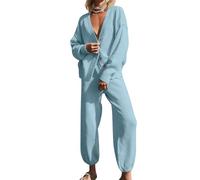 shownicer Survêtement Femme Ensembles 2 Pièces Décontractée Manches Longues Gilet Tricoté et Pantalon Ensemble Casual Outfit Automne Hiver A Bleu M