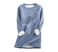 shownicer Sweat Polaire Femme Chandail Doublé en Peluche d'hiver Sweatshirt Manches Longues Doublure Toison Pullover Imprimé de Chat Mignon Pull Loungewear B Bleu M