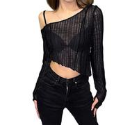 shownicer T-Shirt à Manches Longues Femme Crop Top Cut-Out Transparent Manche Longue Pull Basiques Ajusté Sexy Sweatshirt Haut de Mode Couleur Unie Slim Fit Y2K Top B Noir S