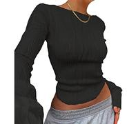 shownicer T-Shirt à Manches Longues Femme Crop Top Cut-Out Transparent Manche Longue Pull Basiques Ajusté Sexy Sweatshirt Haut de Mode Couleur Unie Slim Fit Y2K Top A Noir S