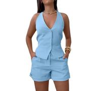 shownicer Tailleur 2 Pièces Femme Ensemble sans Manches Blazer Couleur Unie Gilet Haut Top et Shorts Chic et Elegant Slim Fit 2Pcs A Bleu L