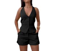 shownicer Tailleur 2 Pièces Femme Ensemble sans Manches Blazer Couleur Unie Gilet Haut Top et Shorts Chic et Elegant Slim Fit 2Pcs A Noir XXL