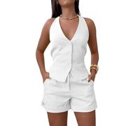 shownicer Tailleur 2 Pièces Femme Ensemble sans Manches Blazer Couleur Unie Gilet Haut Top et Shorts Chic et Elegant Slim Fit 2Pcs A Blanc XXL
