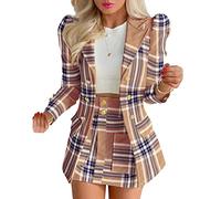 shownicer Tailleur Femme 2 Pièces Costume Ensemble Jupe Veste Blazer à Manches Longues Col V + Jupe Crayon Costume OL Bureau Chic Elégant Slim Fit pour Travail B Marron M