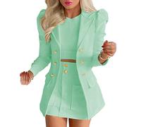 shownicer Tailleur Femme 2 Pièces Costume Ensemble Jupe Veste Blazer à Manches Longues Col V + Jupe Crayon Costume OL Bureau Chic Elégant Slim Fit pour Travail A Vert S