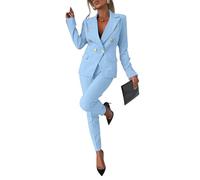 shownicer Tailleur Femme 2 Pièces Elegant Slim Fit Manche Longue Blazer Veste Formel Bureau Travail Pantalon Ensemble Blazer OL Couleur Unie Costumes Outfits A Bleu Clair XXL