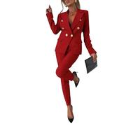 shownicer Tailleur Femme 2 Pièces Elegant Slim Fit Manche Longue Blazer Veste Formel Bureau Travail Pantalon Ensemble Blazer OL Couleur Unie Costumes Outfits A Rouge L