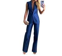 shownicer Tailleur Femme Ensemble 2 Pièces sans Manches Blazer Gilet Haut Top et Pantalon Ensemble de Costume Ete Élégant Ensemble Casual Outfits Streetwear B Bleu XL