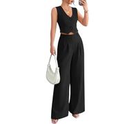 shownicer Tailleur Femme Ensemble Pantalon Elegant Deux Pièces Débardeur et Pantalons à Jambes Larges Formelles Décontractées et Confortables B Noir L