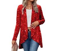shownicer Veste de Noël à Paillettes Femmes Chic Sequin Veste Ouverte sur Le Devant Elegant Manches Longues Glitter Party Brillant Cardigan Manteau A Rouge XL