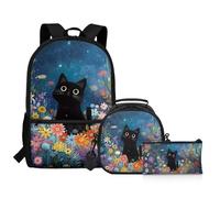 Showudesigns Ensemble de cartable pour filles et enfants avec sac à dos avec boîte à déjeuner et trousse à crayons, motif chat noir, taille unique