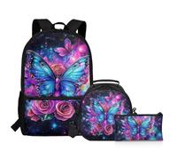 Showudesigns Ensemble de cartable pour filles et enfants avec sac à dos avec boîte à déjeuner et trousse à crayons, Fleur Papillon., taille unique