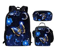 Showudesigns Ensemble sac à dos pour enfants filles garçons sac à livres avec boîte à déjeuner et trousse à crayons, Papillon fluo, Taille unique, Sac à dos enfant