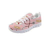 Showudesigns Femmes Baskets de Courses Basses Athlétique Marche Filets Chaussures Sport Run Dessin Animé Pilule Infirmier Rose 36