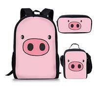 Showudesigns Lot de 3 sacs à dos pour filles avec boîte à déjeuner, sac d'école primaire et trousse à crayons, Pig Bink, Taille unique, Sac à dos enfant