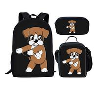 Showudesigns Lot de 3 sacs à dos pour filles avec boîte à déjeuner, sac d'école primaire et trousse à crayons, Fuuny Dog Noir, Taille unique, Sac à dos enfant